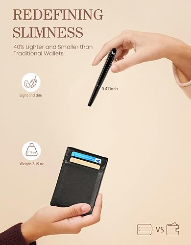 Miniatura 3 de kinzd - Billetera delgada con clip para dinero bloqueo RFID cartera plegable minimalista para hombres billetera de piel auténtica bolsillo frontal