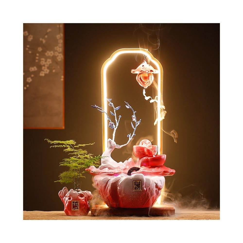 ZTHYSHOZ Tabletop Fountain Waterfall Deer Desktop Running Water Ornament Small Fountain Circulating Home Decoration Zen Meditation(Red)