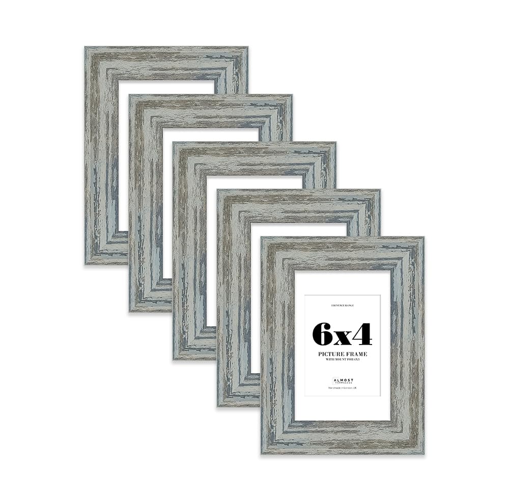 6x4" Distressed Blue Picture Frame with 4x3" Mount - Industrial Photo Frame with Distressed Finish, Wall Hooks and Kickstand, 32mm Edge - 5 Pack