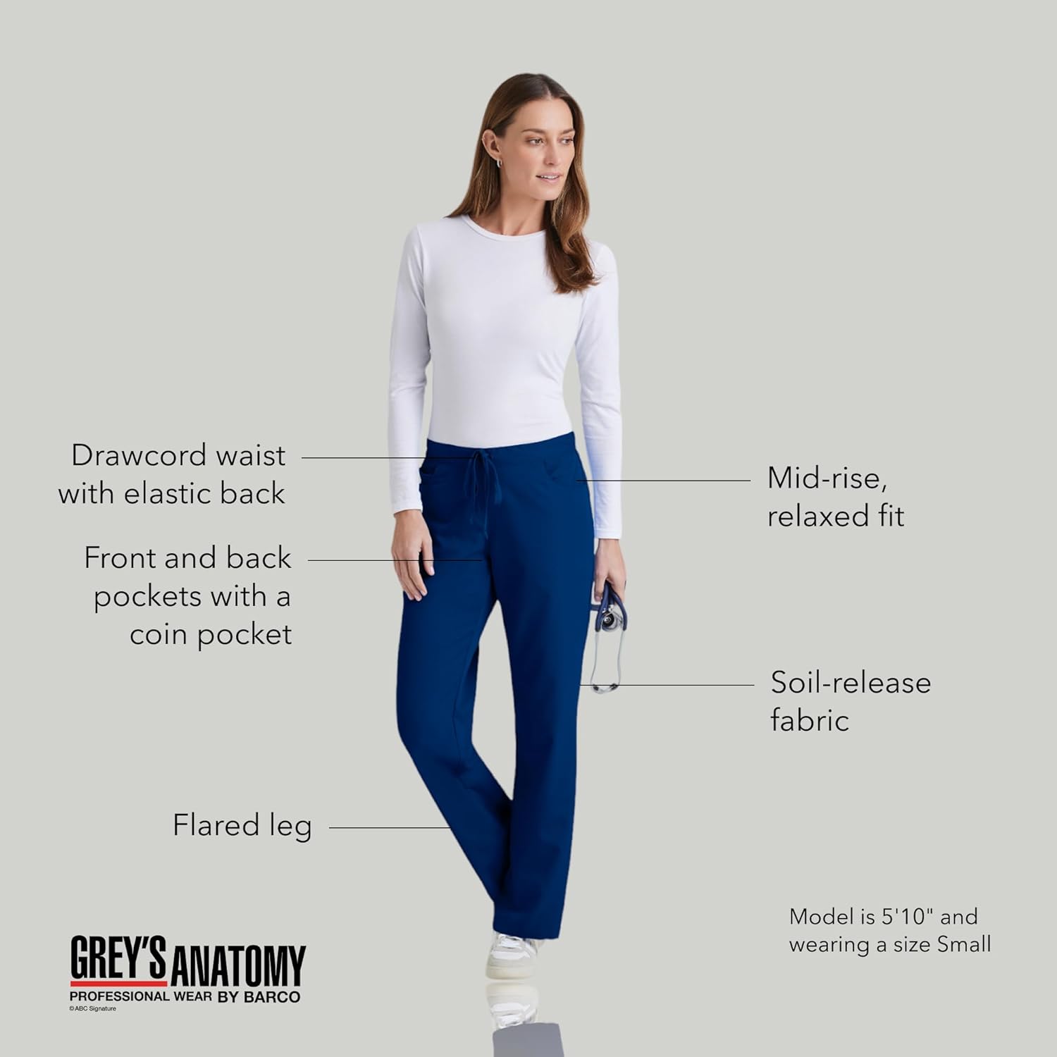 Grey’s Anatomy by Barco Classic Riley Scrub Pant for Women – Indigo, 5-Pocket Mid-Rise Flared Leg Bottoms with Natural Stretch, Soil Release Fabric, and Super-Soft Finish – Small, Tall Fit - Image 6