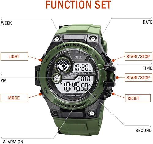 Miniatura 5 de CKE Reloj digital deportivo para hombre, resistente al agua, reloj despertador LED, cronómetro, reloj electrónico multifunción