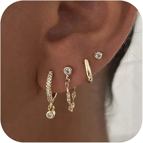 Fwlisesa Gold Earrings for Women, 14k Gold Plated CZ Chain Earring Stacks Dainty Gold Hoop Earrings Set Hypoallergenic Huggie Earrings for Women Trendy Fashion Non Tarnish Jewelry Set for Womens