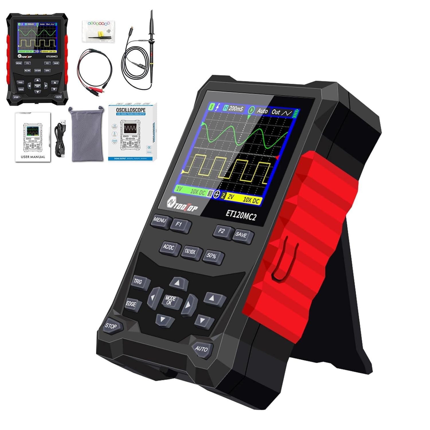 Bewinner Digital Oscilloscope, Digital Handheld Automotive Oscilloscope 2.4 Inch TFT LCD Screen, 120MHz Bandwidth Digital Portable Automotive Oscilloscope, 3 Scan Modes, 500MSa S Sampling