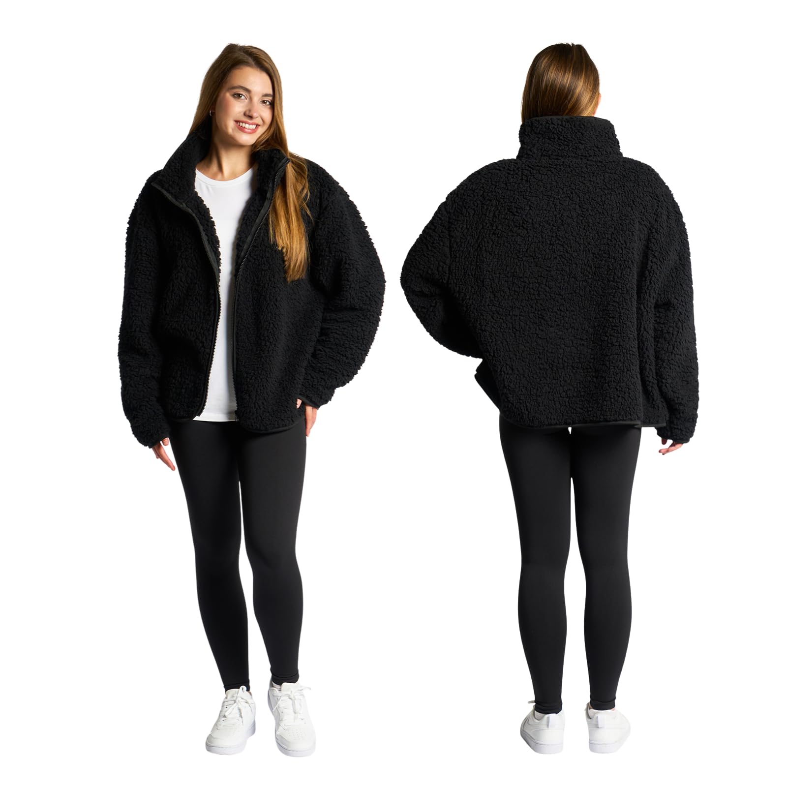 Ohs Men's Black Teddy Fleece Jacket Full Zip Up Coat For Wo Ultra Soft Cosy Long Sleeve Sweatshirt Casualwear Winter Fleece Jacket For Travel & Hiking, S/M