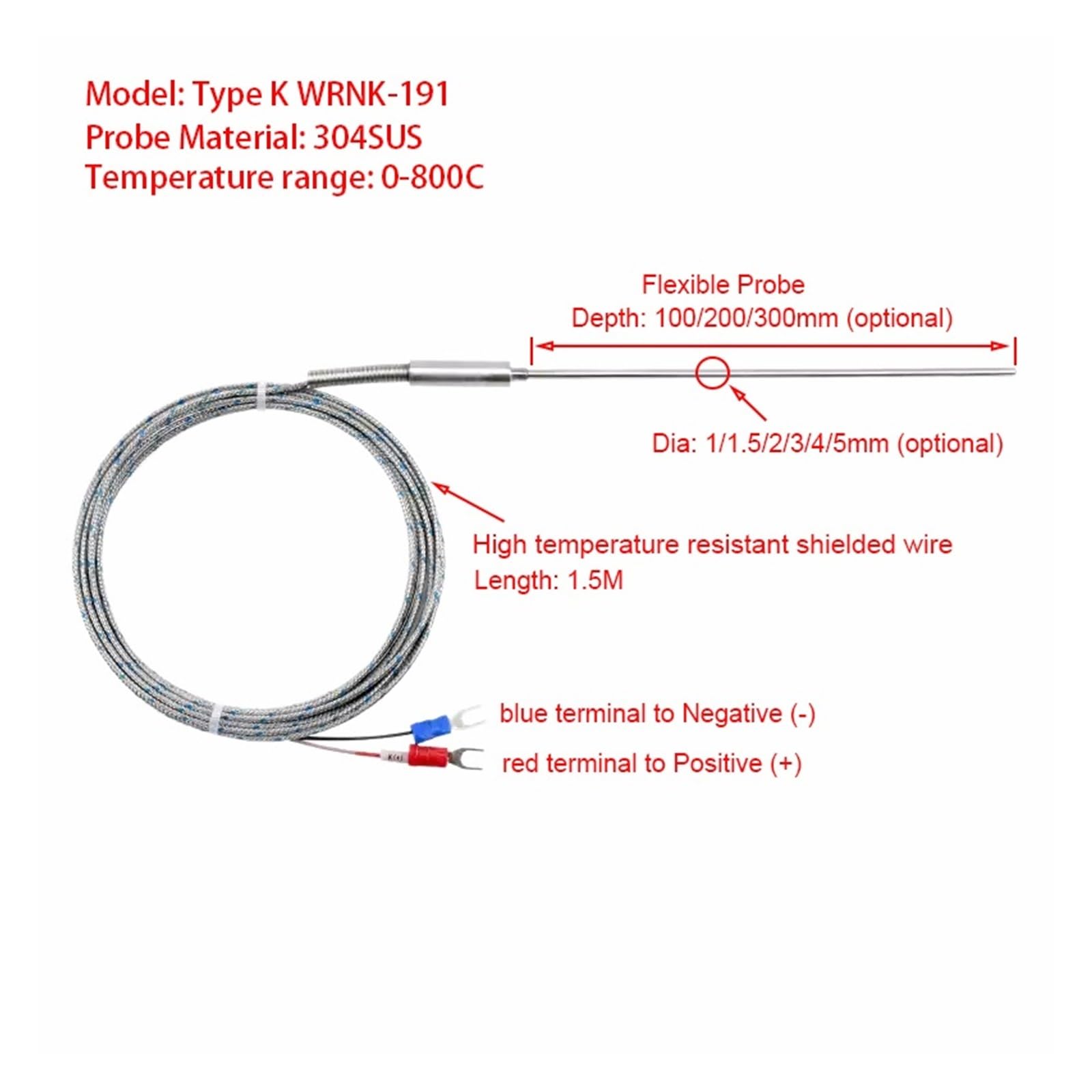 Termopara typu K, WRNK-191 Pancerna sonda termoparowa Elastyczny czujnik temperatury typu K Przemysłowy pomiar(Probe Dia 2mm,Prob Depth 100mm)