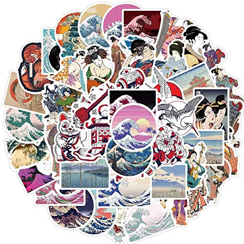 Ukiyoe Stickers| Japanese Ukiyo-e Wave Waterproof Vinyl Stickers for Water Bottles Bicycle Laptop Refrigerator Luggage Computer Mobile Phone Skateboard Bike Decals (50 Pcs)