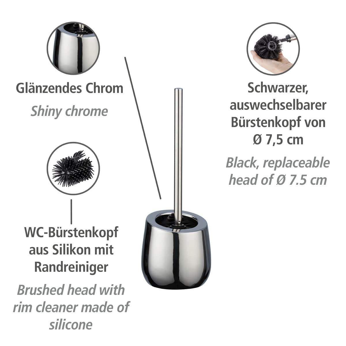 WENKO Toilet Brush, ceramic, Chrome, 13, 5 x 38 x 13, 5 cm, 38 x 13.5 x 13.5 cm - Image 2
