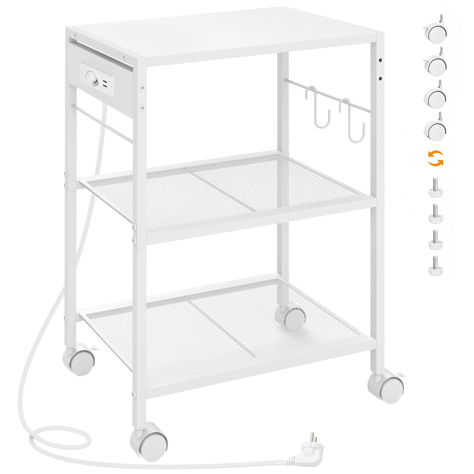 HOOBRO Druckerständer, 3-stufiger Druckerständer mit Ladestation, Lagerregal mit Rollen/verstellbaren Füßen, mit 2 Haken, für das Heimbüro, Weiß EWW22CPS01