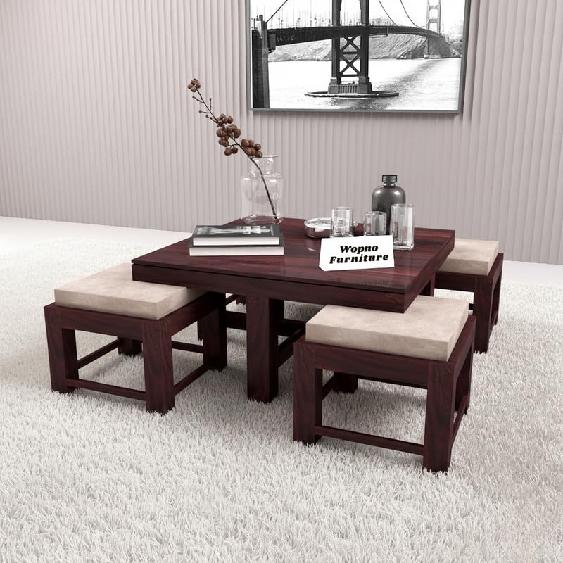 Image of Solid Sheesham Wood Coffee Table with 4 Stool | Center Table with 4 Stools for Living Room | Rosewood Teapoy Table with Cushioned Stool (Ornate,Walnut Finish)