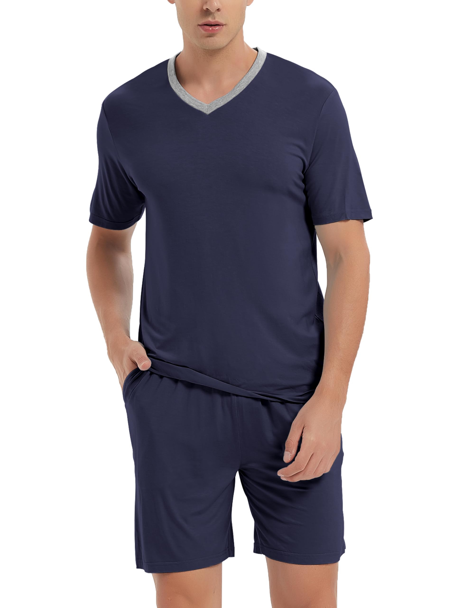 MoFiz Herren Schlafanzug Kurz Pyjama-Set Weich Zweiteilig V Ausschnitt Kurzarm T-Shirt & Schlafhose Kurz Hausanzug Loungewear Nachtwäsche Set mit Taschen