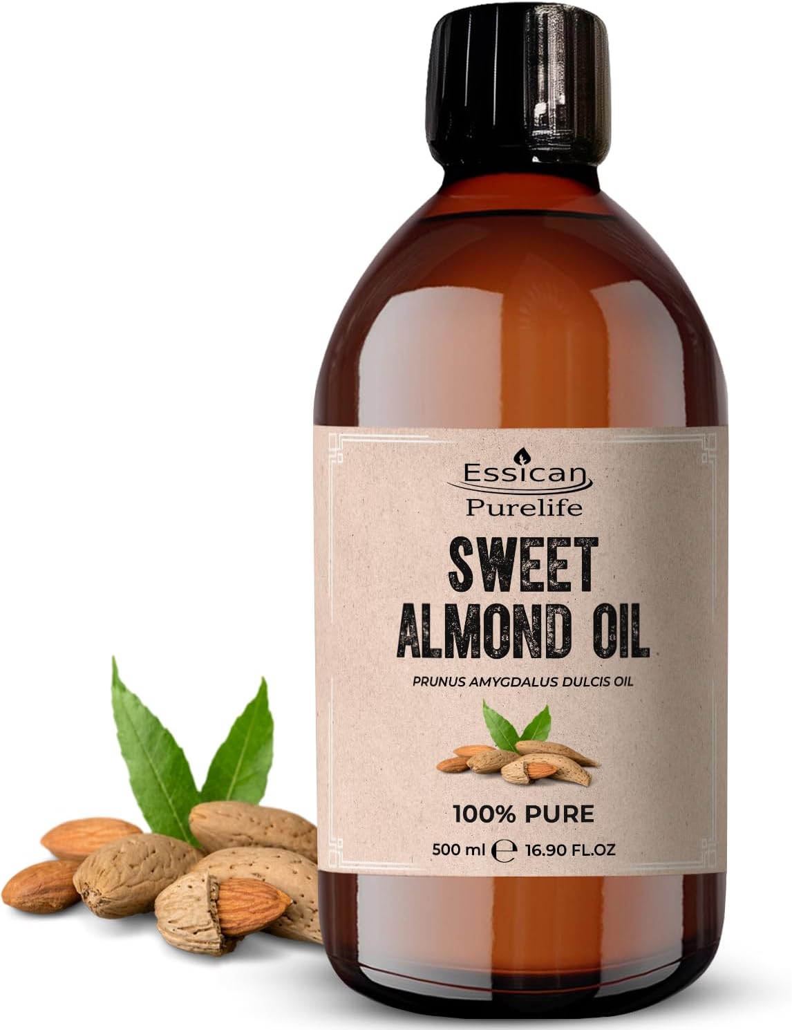 Essican Purelife, Pure Sweet Almond Oil for Hair, 500ml Cold Pressed Almond Oils for Massage, Carrier Oil for Essential Oils Mixing Ideal for Massage, Moisturising Face, Skin, Ear, Body, Cruelty-Free