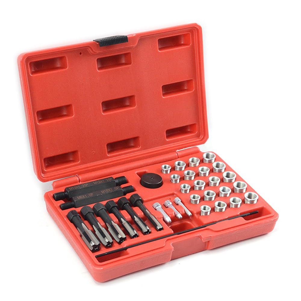 aqxreight Kit di Riparazione Filettatura Candela, 33 Pezzi, Set di Utensili per Scanalatura Filettatura in Acciaio per Testata Motore, Include Maschi M8 M10, Bobine Filettate, Driver per Inserti,