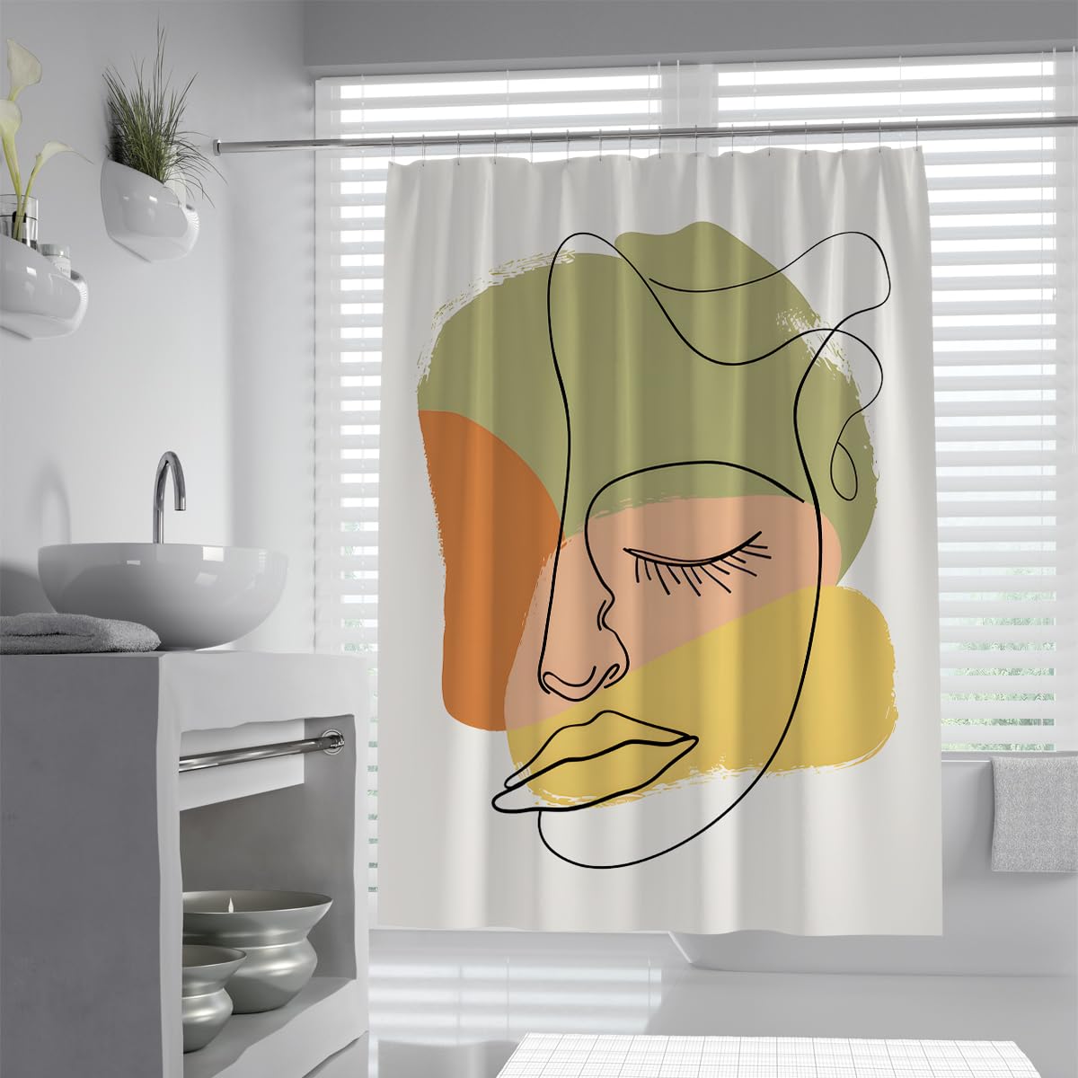 Uiringart Shower Curtains Olive Green Terracotta Abstract Face W180xl200cm Boho Minimalist Mildew Resistant Waterproof Bath Tub Curtain Decor With Hook