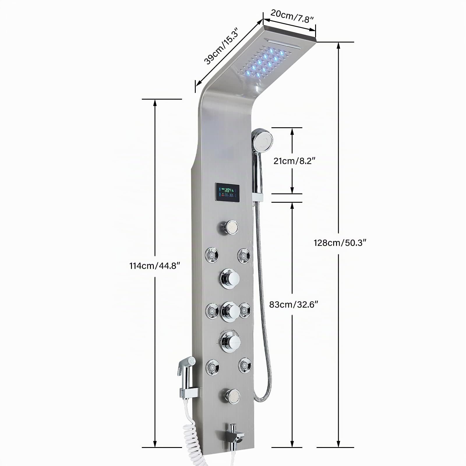 Columna Ducha Hidromasaje Níquel Cepillado LED Acero Inoxidable 6 en 1 Con Cascada y Ducha de Lluvia Montaje en Pared Columna Panel de Ducha
