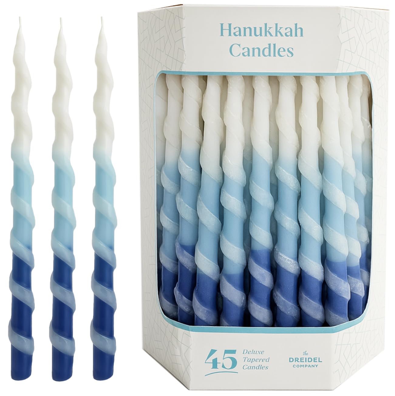 The Dreidel Company Deluxe Twisted Spiral 45 Blue & White Ombre Hanukkah Menorah Candles for All 8 Nights of Chanukah Burn Time 1-Hour