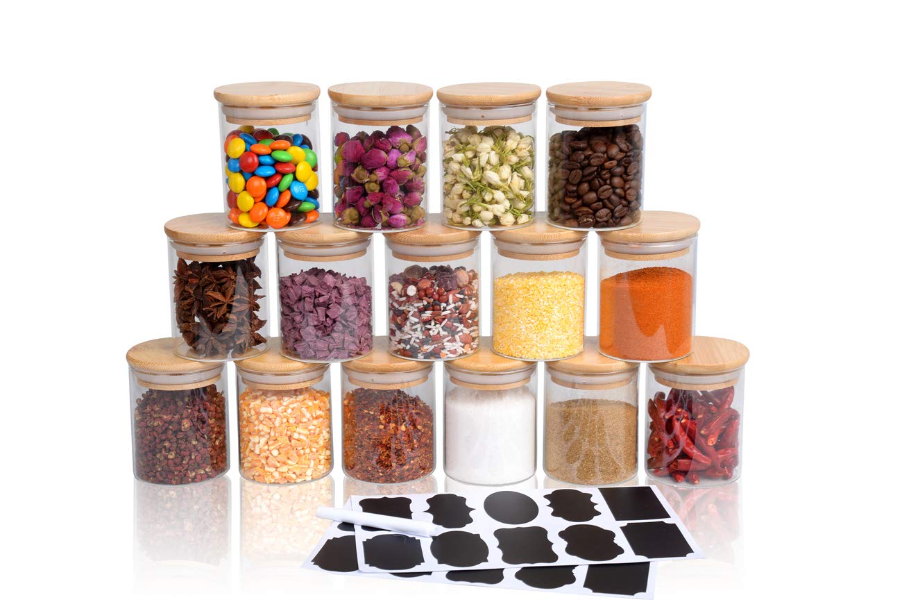 SODSAI15 Piece Glass Storage Jars Set with Airtight Bamboo Lids and Labels,6oz Glass Spice Jar Mini Food Storage Containers for Home Kitchen,Pantry,Tea,Sugar,Salt,Coffee,Flour,Herbs,Grains
