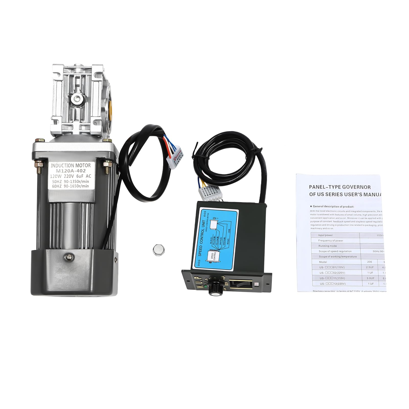 Motoriduttore elettrico, motore a corrente alternata, AC 220 V, 120 W, 1650 rpm, motore a vite senza fine CW/CCW, con regolatore e velocità regolabile, bobina di rame puro (30 K)