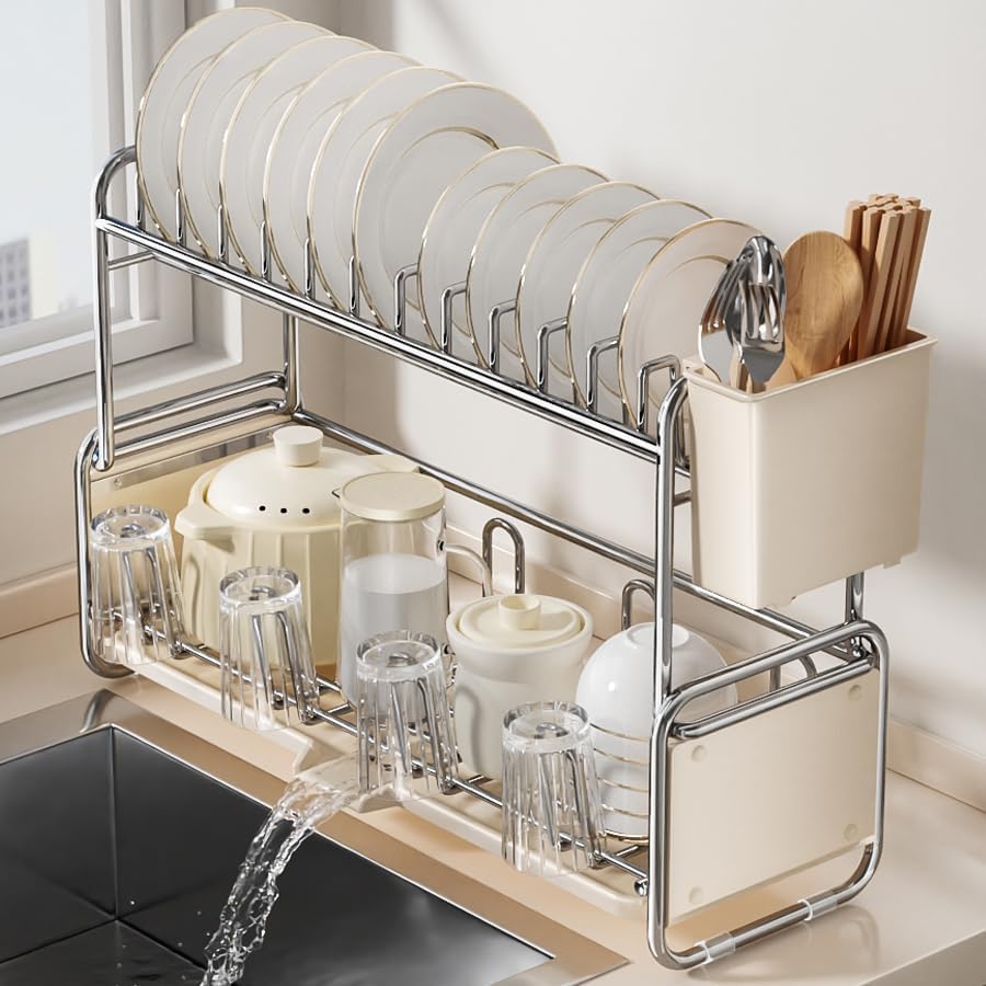 yazi 水切りスリム ステンレス 食器 水切りカゴ 2段大容量 キッチン シンク上 自動排水 食器乾燥ラック 省スペース幅17cm 箸・コップ・お皿立て 洗い物ラック 人気キッチン収納用品