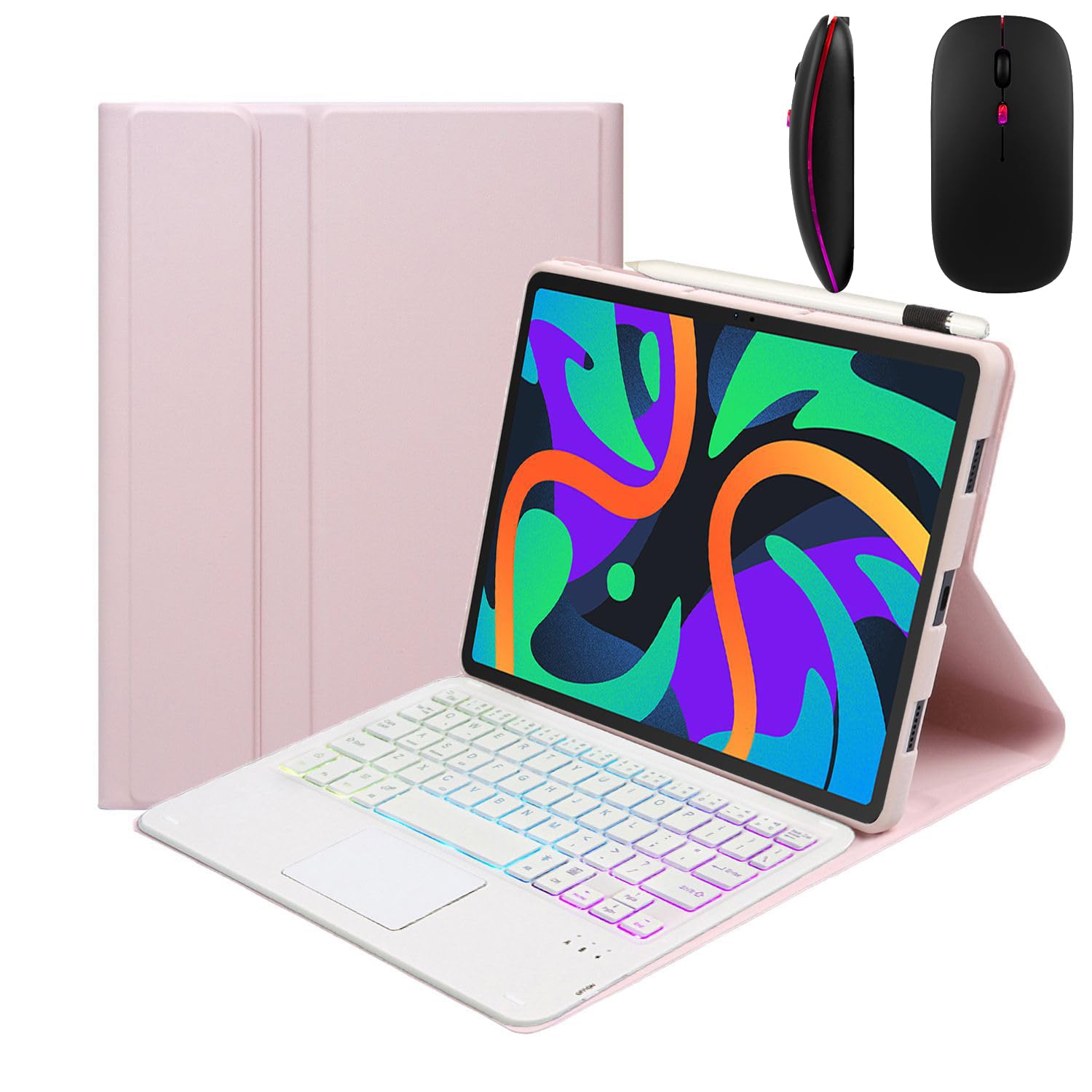 Etui z Klawiaturą do Lenovo Tab M10 FHD Plus (2. generacji) 10,3" (TB-X606F/TB-X606X), 7 Kolorów Podświetlenia, Magnetyczna Odłączana Bezprzewodowa Klawiatura Bluetooth z Myszą,Pink