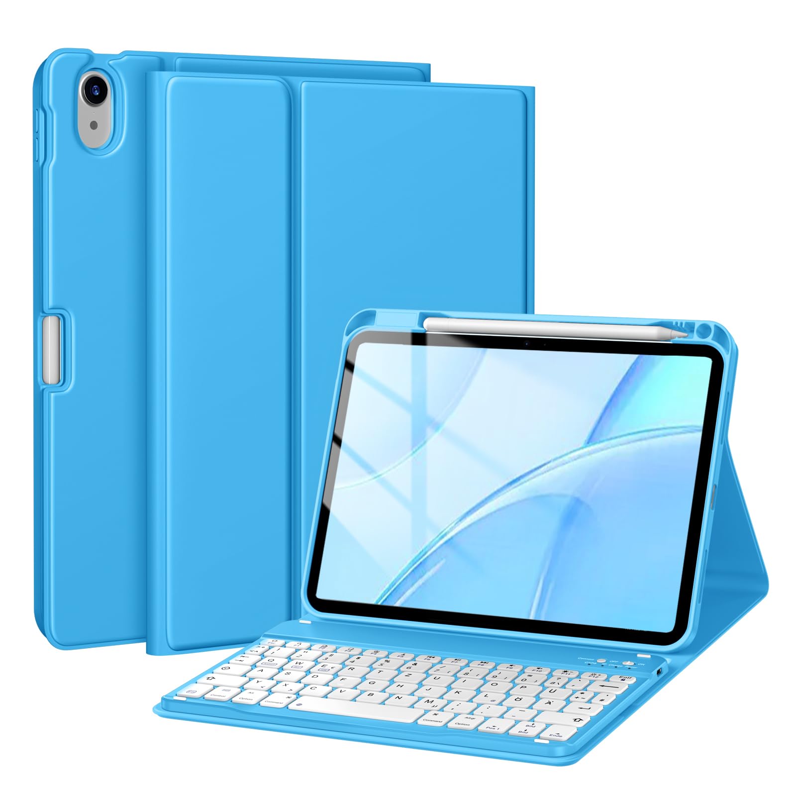 drivego Hülle mit Tastatur für iPad A16 11 Generation 2025/10 Generation 2022(11/10.9 Zoll), Magnetische Anti-Detach Tastatur Hülle für iPad 11./10. Gen, QWERTZ Layout Keyboard, Azurblau