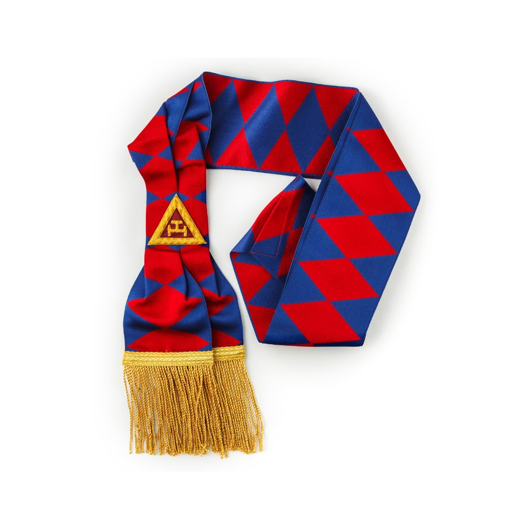 Regalia Store UK Royal Arch Principal Sash – Premium Quality Masonic Sash with Embroidered Triple Tau - Red & Blue Diamond Patterned Ribbon - 10cm long Gold Bullion Fringe