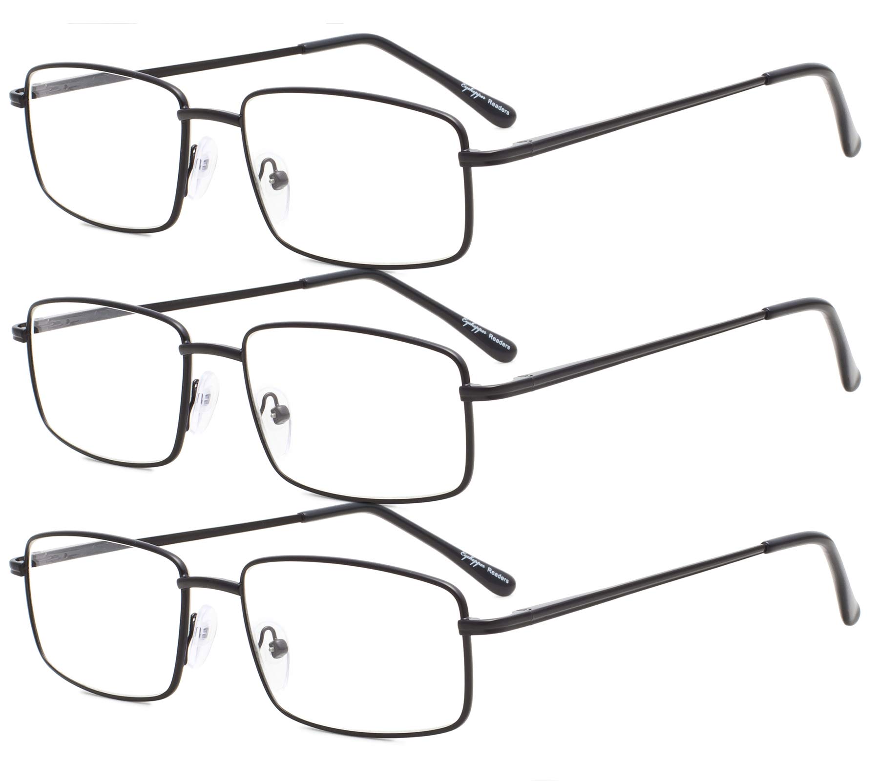 Eyekepper Pack de 3 Gafas de Lectura de Metal Grande Rectangular para Hombre y Mujer Bisagras de Resorte Lectores Negro +0.75