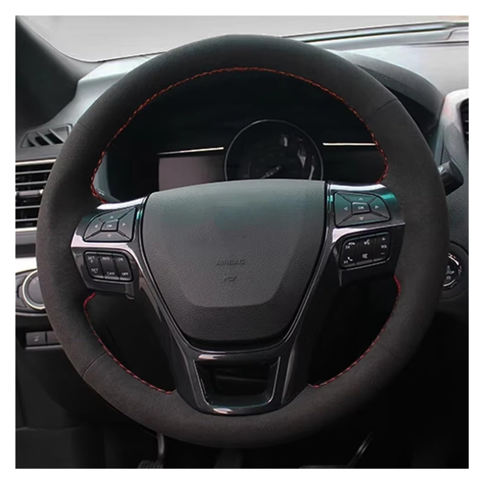 Lenkrad Abdeckung Für Ford Für Explorer 2016 2017 2018 Custom Car Lenkrad Geflecht Abdeckung Wildleder Auto Innen Zubehör Lenkung Wrap Lenkrad Bezug(Black Thread)