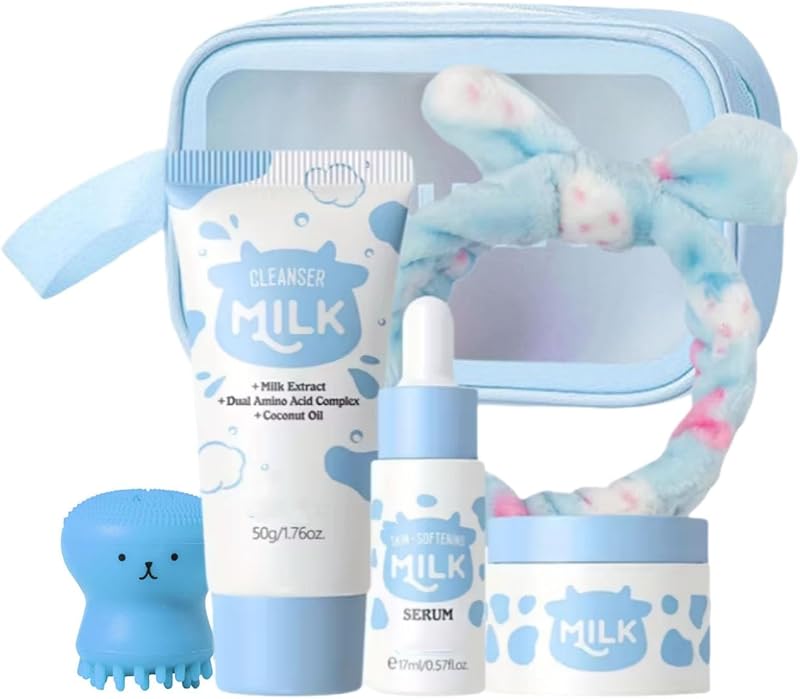 Kit de cuidados faciais SANZHUAN com leite, tamanho viagem, com limpador, sérum, creme, faixa de cabelo e escova