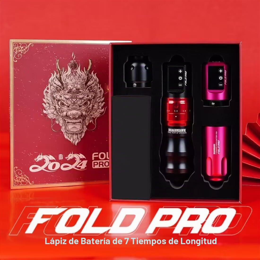 Dragonhawk Fold Pro Wireless Tattoo Machine Pen Máquina de tatuar Adjust Stroke Length 2.4 to 4.2mm Máquina de tatuaje con batería para Agujas de Cartucho de Tatuaje (RED)