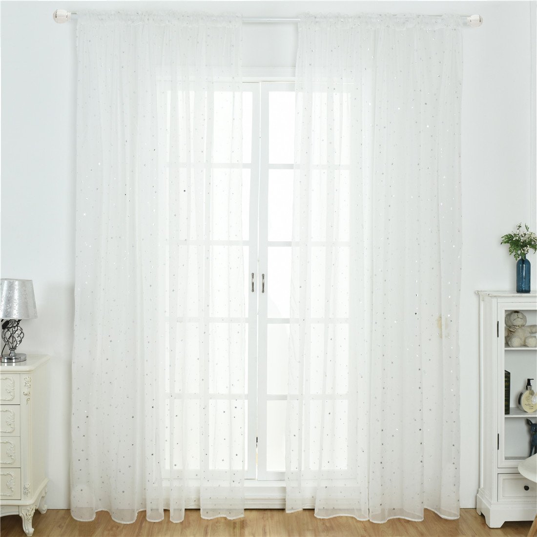 Silber Metallic Look Sterne Voile Gardine Transparent Vorhang für Wohn- und Schlazimmer Voile Fenster Gardinen Dekoration 2er Set Vorhänge,Weiß,W140xL180cm