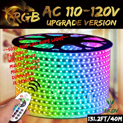 Image of RGB LED Strip Light, AC 110-120V Flexible /Waterproof /Multi Colors /Multi-Modes Function /Dimmable SMD5050 LED Rope Light with Remote for Home /Office /Building Decoration (131.2ft /40m)