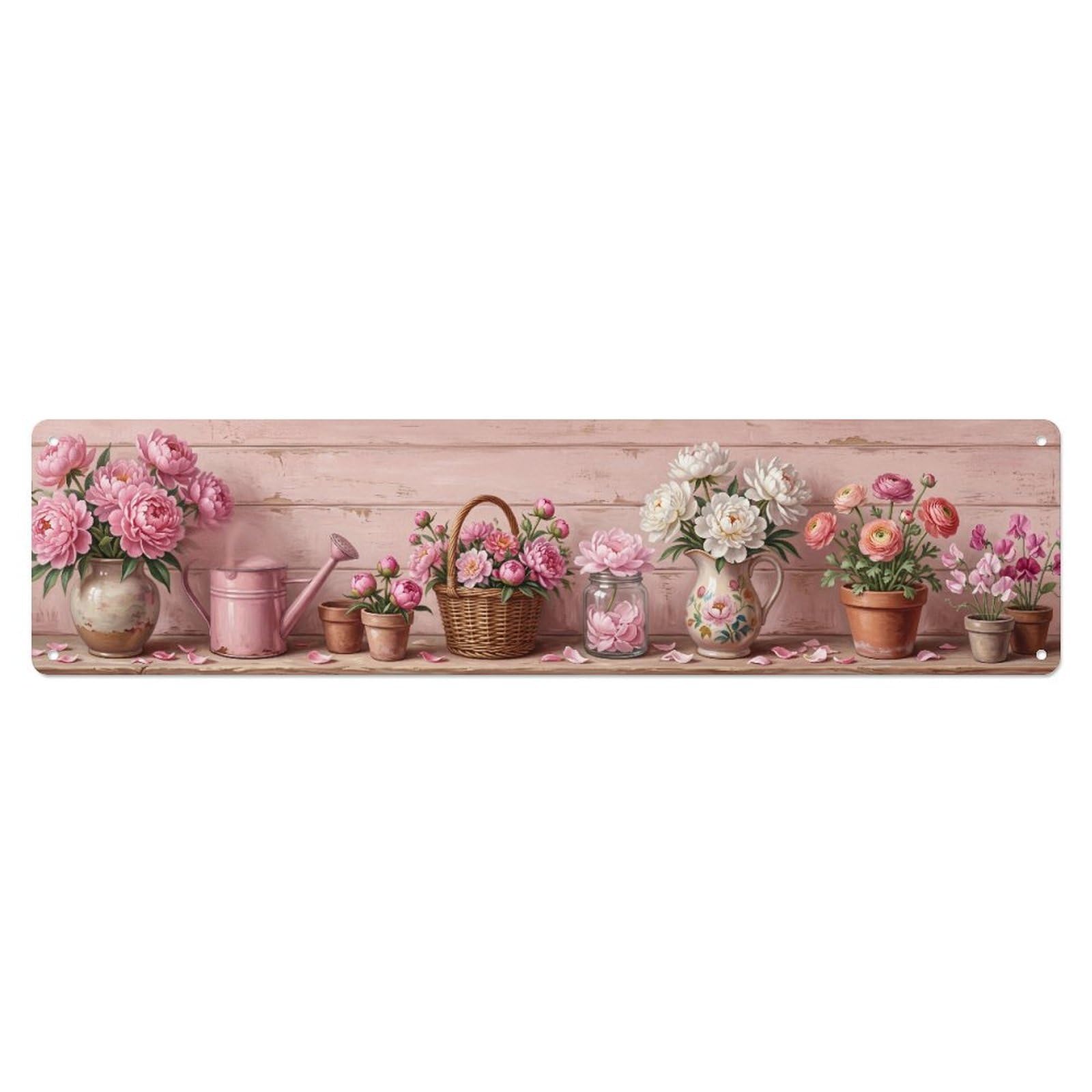 Fqnyr Style Metal Tin Sign Floral Garden Tools Peony Bloom Pattern Print