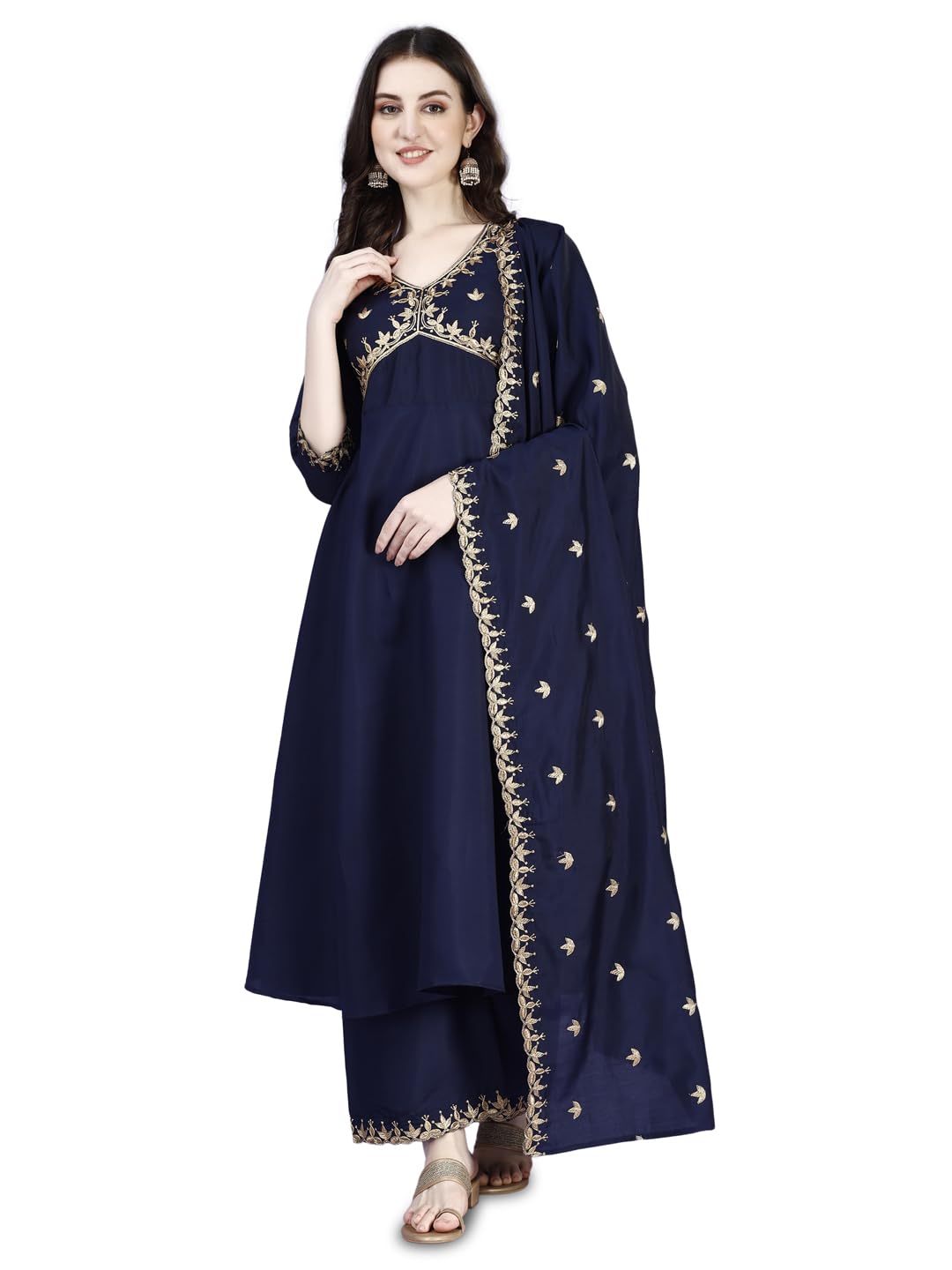 Pratham Blue Kurta Set For Women Silk Embroidered Anarkali Kurta Set For Women With Palazzos And Dupatta (Pb-6169-L_Blue)