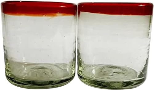 Mezcal For Life Vasos soplados a mano de alta calidad, perfectos para decoración de mesa y fiestas para beber y beber vasos de borde rojo de