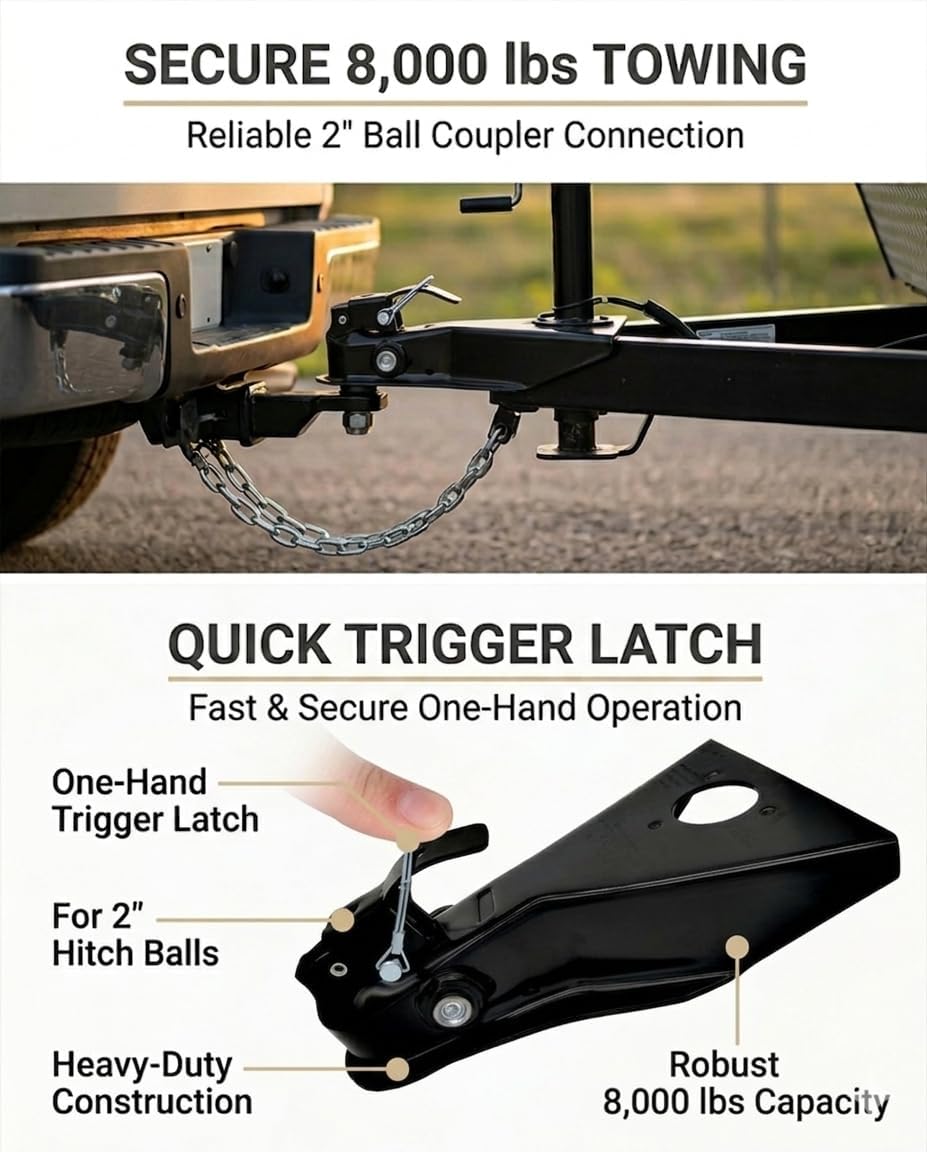 2" Ball Forged A-Frame Trailer Coupler, 8,000 lbs Class IV Heavy Duty Towing Hitch with Quick Trigger Latch, Black Finish for RV, Boat Trailer, Camper & Utility Trailers
