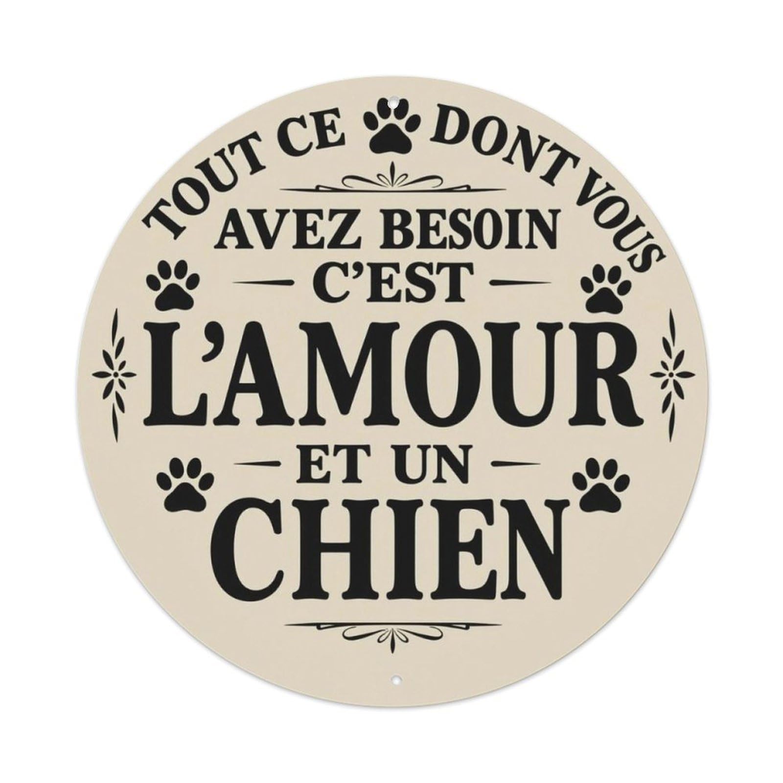 French Love And Dog Paw Vintage Round Wall Sign Vintage Aluminium Metal Sign, Retro Wall Decor for Home, Bar, Garage & Farmhouse 20x20cm