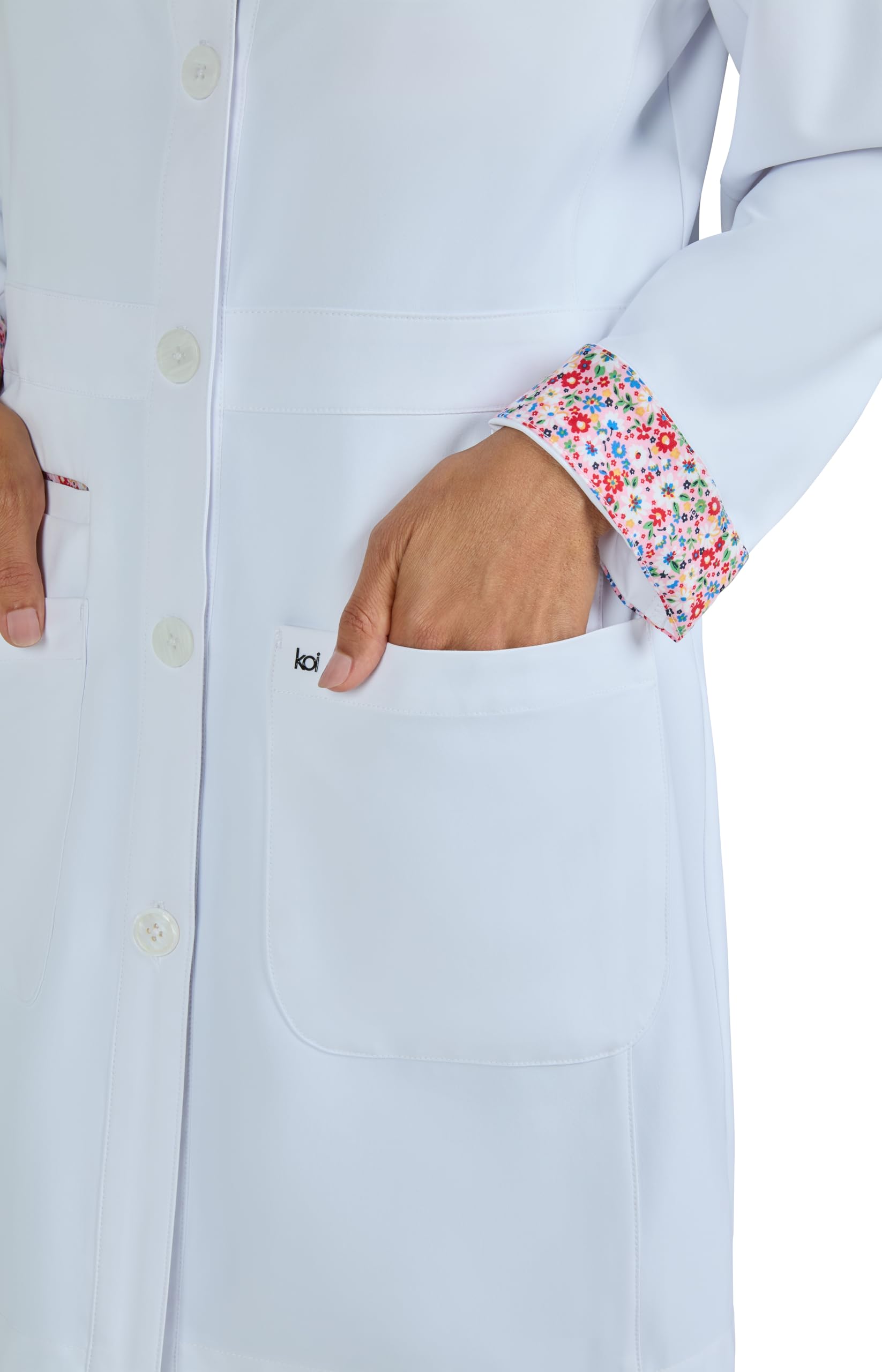 KOI Essentials Fusion - Bata de laboratorio nacarada con botones frontales y 4 bolsillos de 34.5 pulgadas para mujer