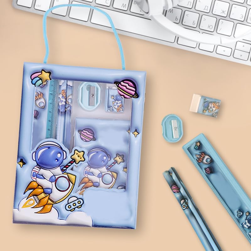 Image of 6-Piece Creative Stationery Set, Complete Set of Learning Supplies, Portable Stationery Gift Box Six in One, Suitable for Birthday Gifts, Daily Writing, Artistic Handicraft Use(Astronaut Set-Blue)