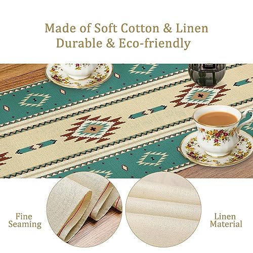 Image of Aztec Table Runner,Ethnic Southwestern Mexican Native Indian Green Pattern Retro Table Decor Kitchen Dining Room Party Decor 13x72 inch