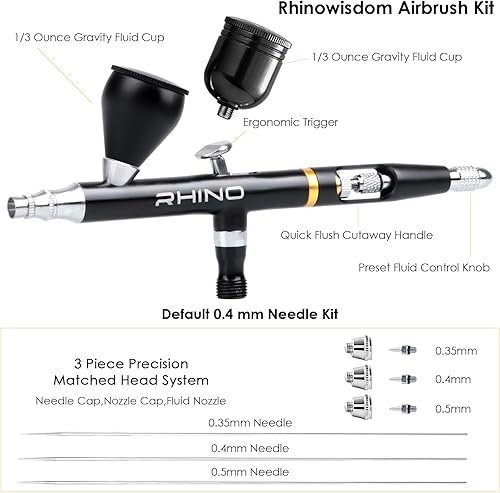 Miniatura 8 de Rhinowisdom Kit de aerógrafo - Juego de pistola de aerógrafo Alimentación por gravedad de doble acción con juegos de agujas de 0.35, 0.4 y 0.020 in
