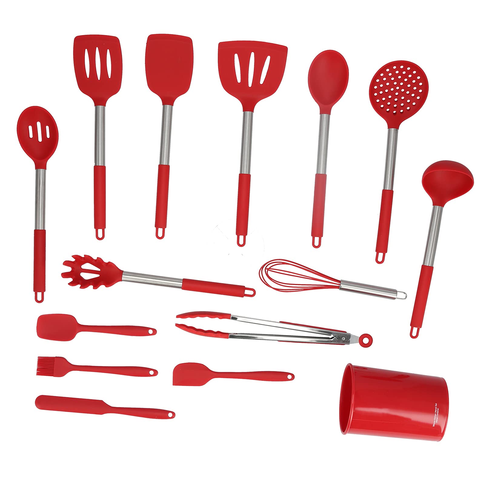 15-teiliges Silikon Küchenutensilien Set mit Edelstahlgriff, Pfannenwender, Schöpflöffel, Kochlöffel, Küchenhelfer für die tägliche Küchenarbeit (all red)