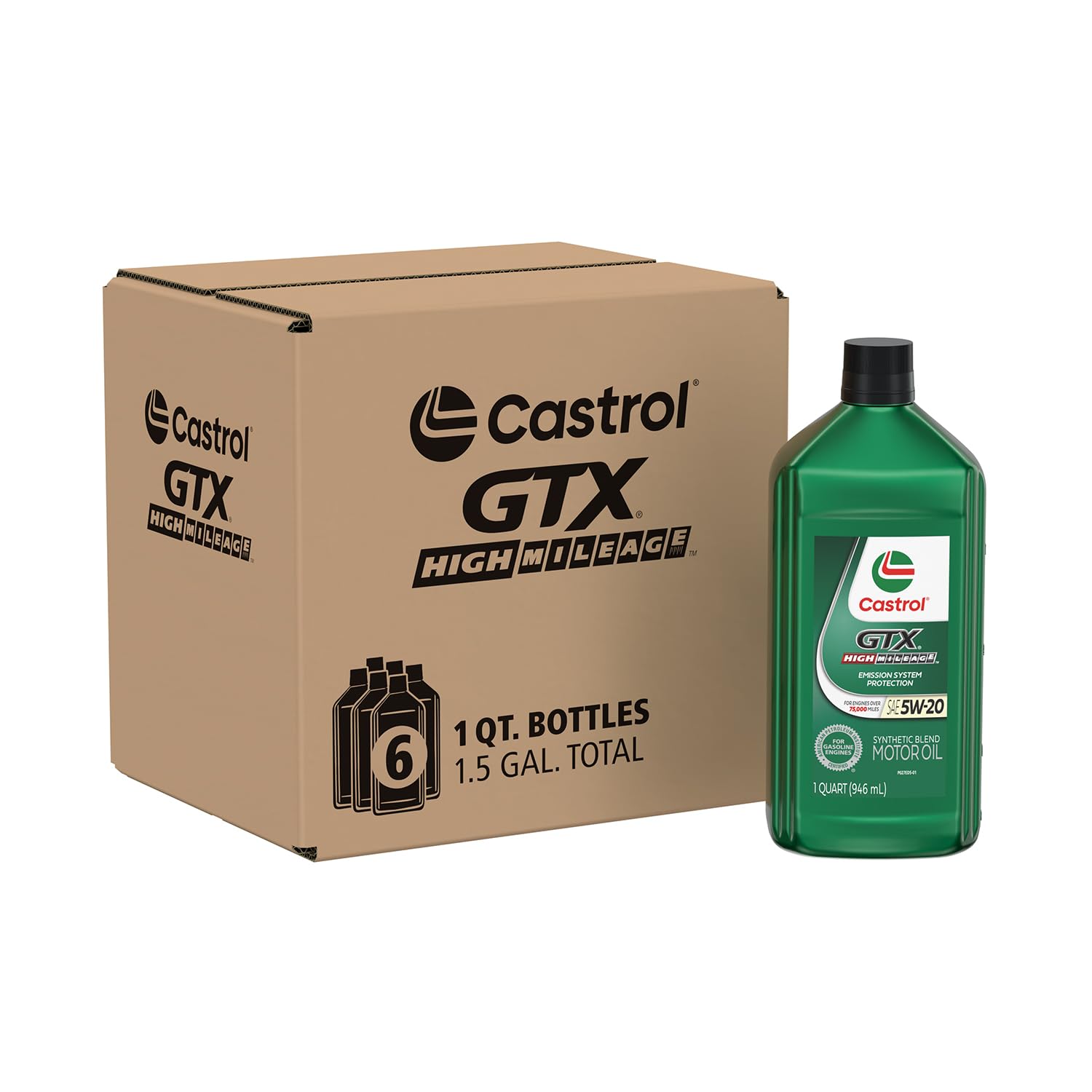 Castrol GTX High Mileage 5W-20 Synthetic Blend Motor Oil, 1 Qt, Pack of 6