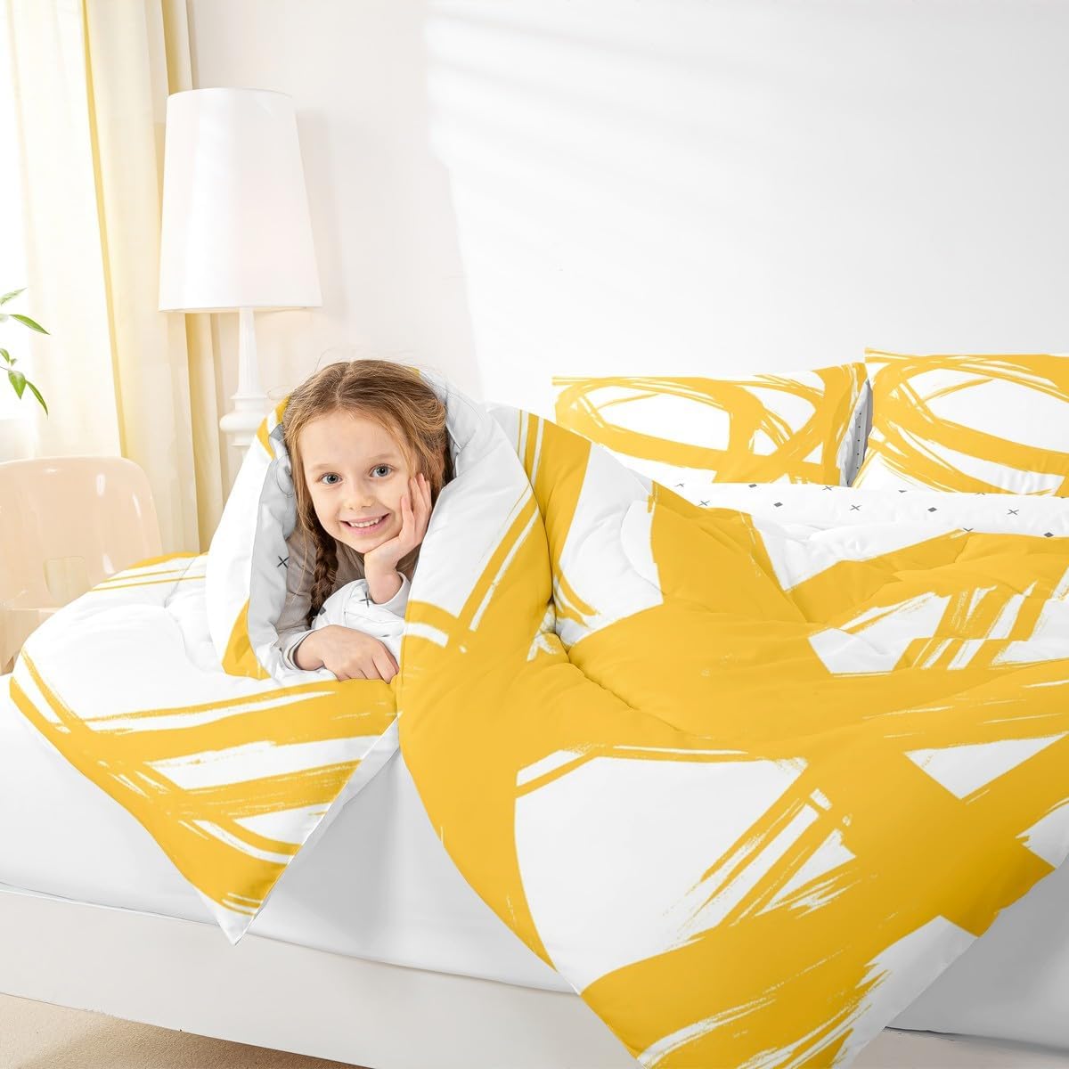 Erosebridal Yellow and White Abstarct Queen Comforter Set for Adult Women Men, Geometric Striped Bedding Set for Minimalists,Graffiti Aesthetic Lines Quilt,Contemporary Boho Modern Art Duvet Insert