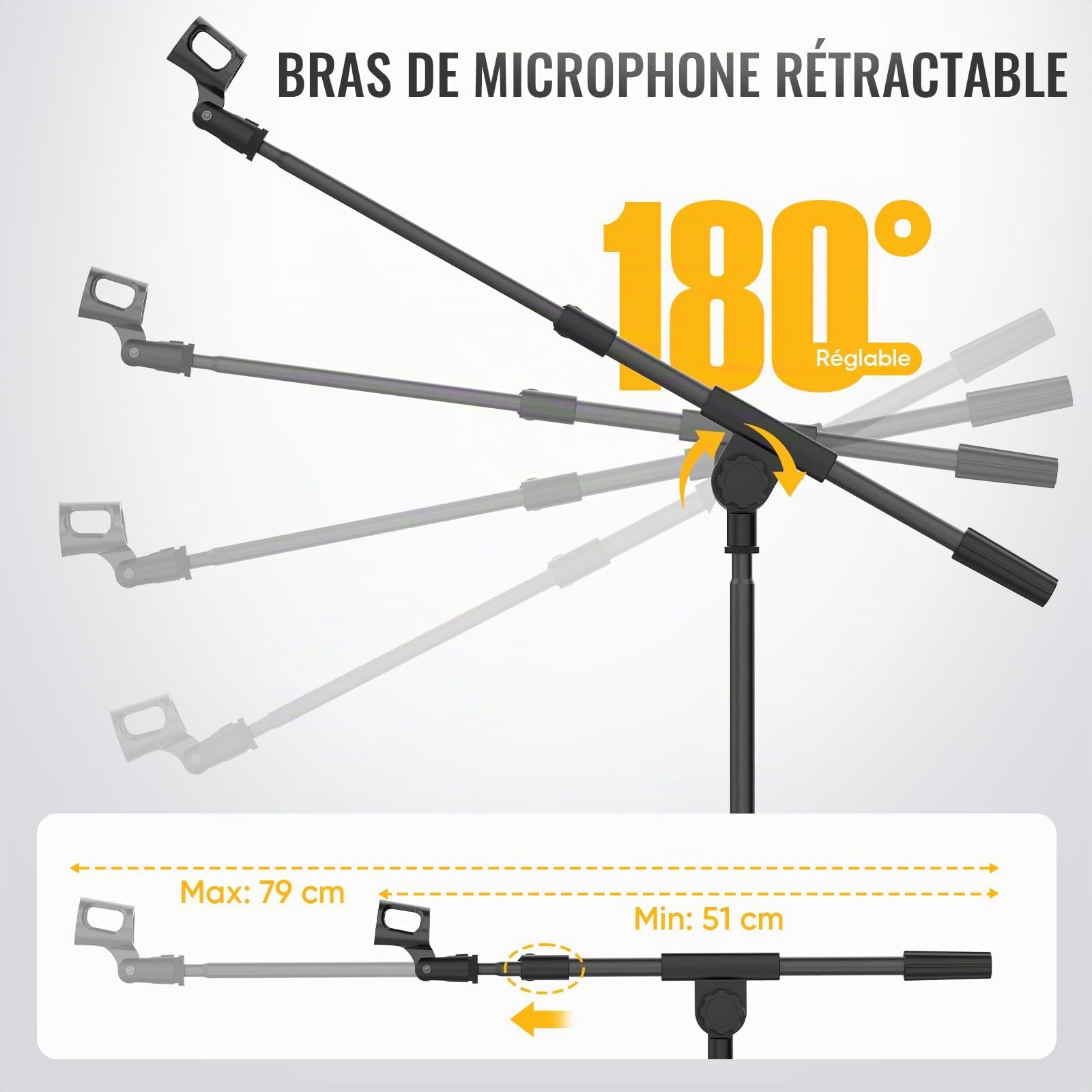 GLEAM Support de Microphone, Pied de micro pour microphone léger (< 0,5 kg) - Statif avec bras de positionnement, sac de transport, 2 pinces à micro et adaptateur vissable