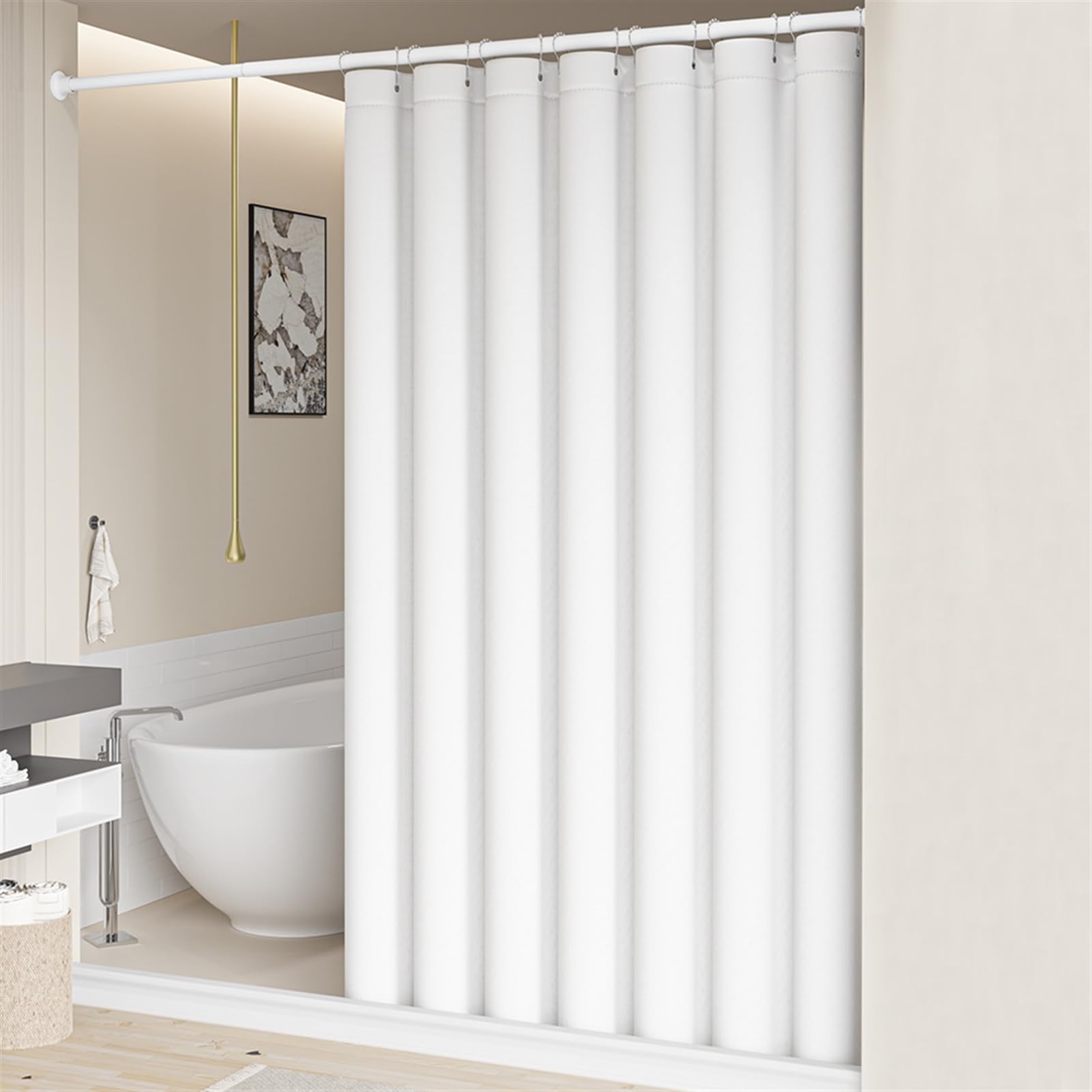 Tende Doccia Anti-Muffa Tessuto in Lino, Tende Doccia Impermeabile & Lavabile,Tenda Vasca da Bagno con Ganci Tenda doccia, Bianco, 240x200cm