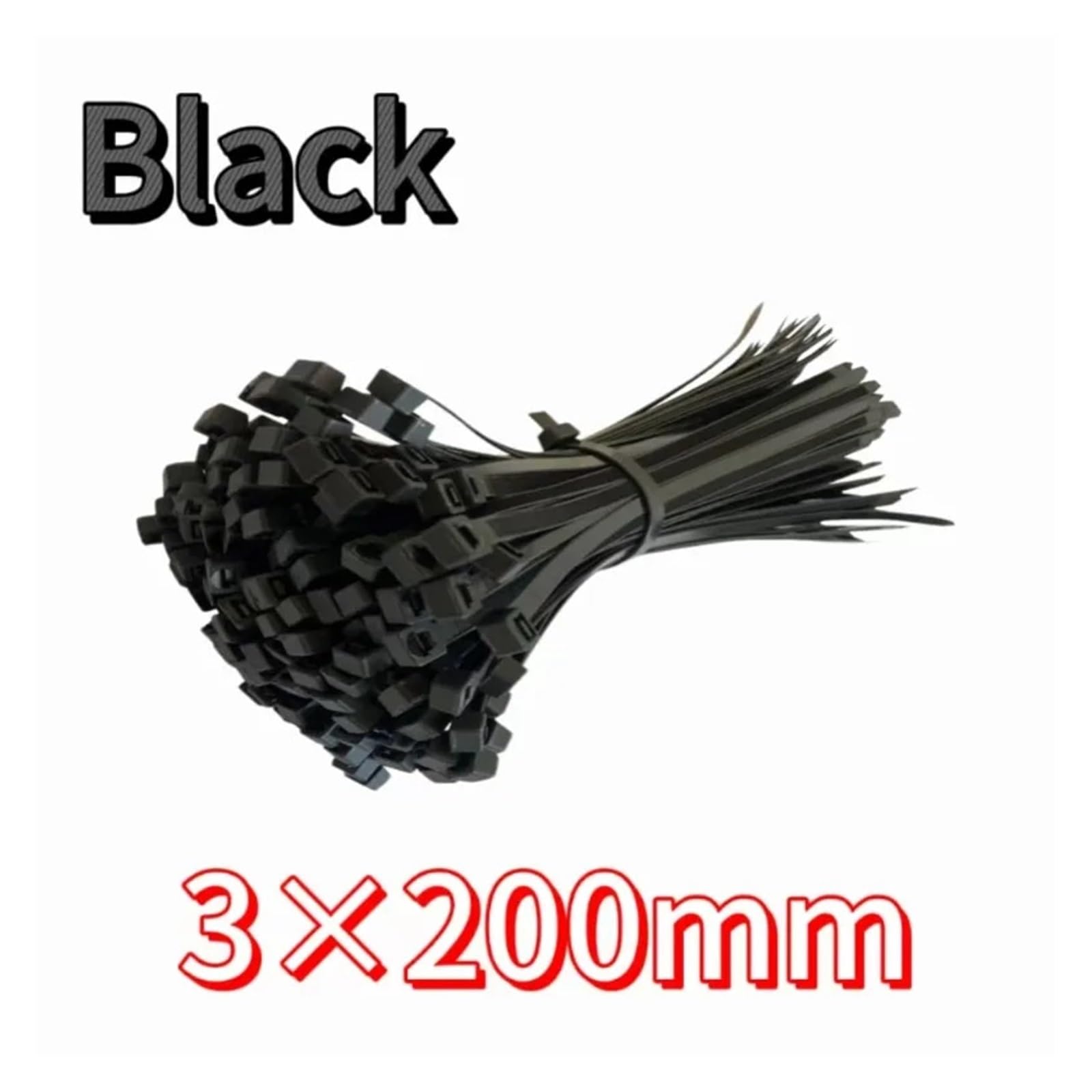Bridas de nylon ABS con cierre automático, Bridas for cables de nailon con autobloqueo en blanco y negro, 100-200 mm x 3, 100-2000 piezas(Black-3x200mm,2000pcs)