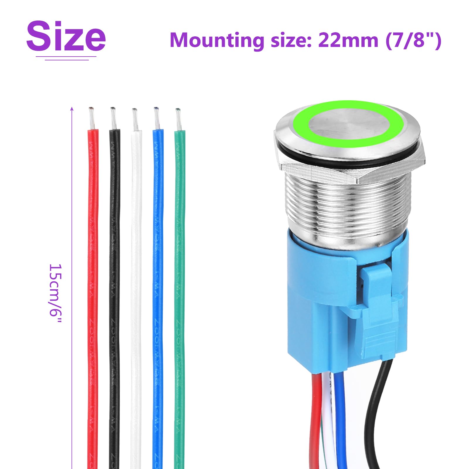 DMiotech 1 Pcs 7/8" Stainless steel Latching Push Button Switch 5Pin 1NO1NC 5A 12-24V Silver Flat Button Green Ring Lamp with Socket Plug with Wire for Car Boat Systems - Image 4