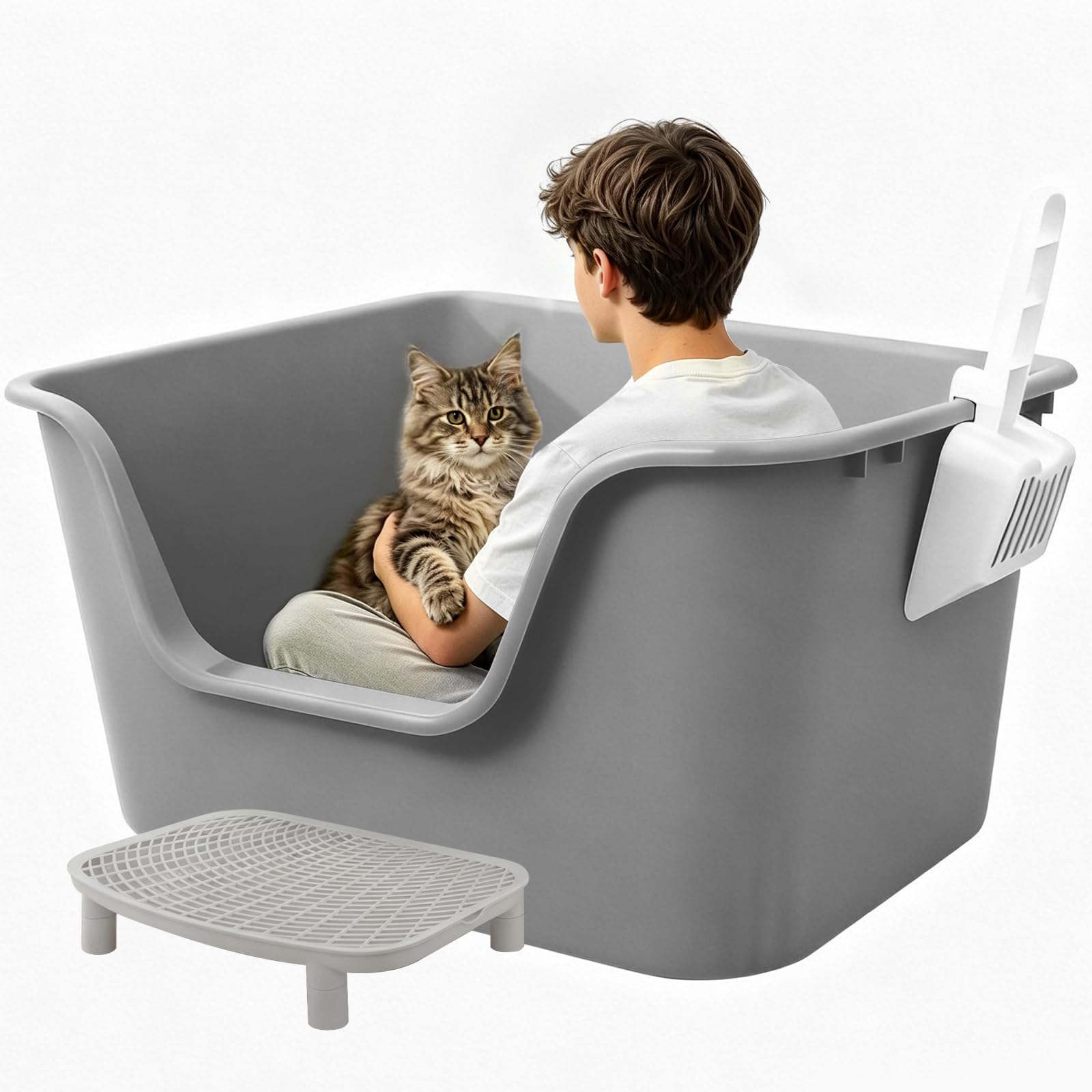 XXL Katzenklo Riesig (126L) – 78,5x54,5x40,9 cm, Grau – Extra hoch, mit Matte & Schaufel, für Maine Coon & Mehrkatzenhaushalt