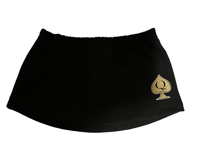 SpadesCastle Queen of Spades Mini Skirt, Black with Gold QoS Symbol Screen Printed, Very Short Novelty Skirt - Large - Black/Gold