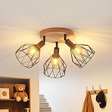 LVWIT Plafonnier 3 Spots LED E14, Luminaires Intérieur Noir, Plafonnier Bois avec Base Round, Applique Murale Chambre, Lustre Salon(Sans Ampoules)